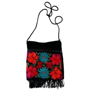 Multicolored Floral Embroidered Slim Black Velvet Square Fringe Crossbody Bag